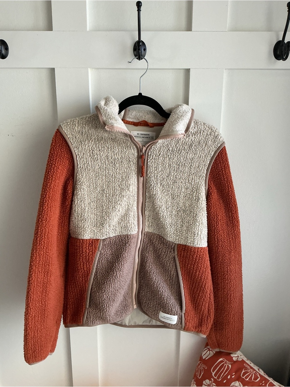 REI Colorblock Teddy Jacket in Rust, Cream & Mauve